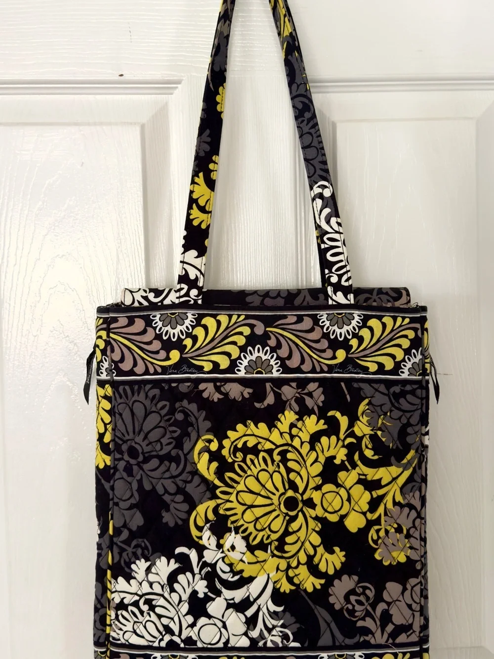 Vera Bradley Baroque Laptop Travel Tote with Yellow, Cream & Gray Floral Pattern